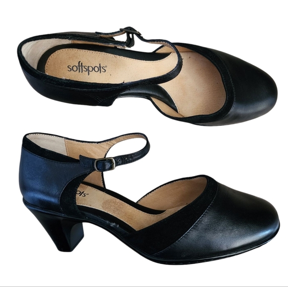 SOFTSPOTS black mary jane heels, strappy,size 8.5WW, leather - Picture 1 of 7